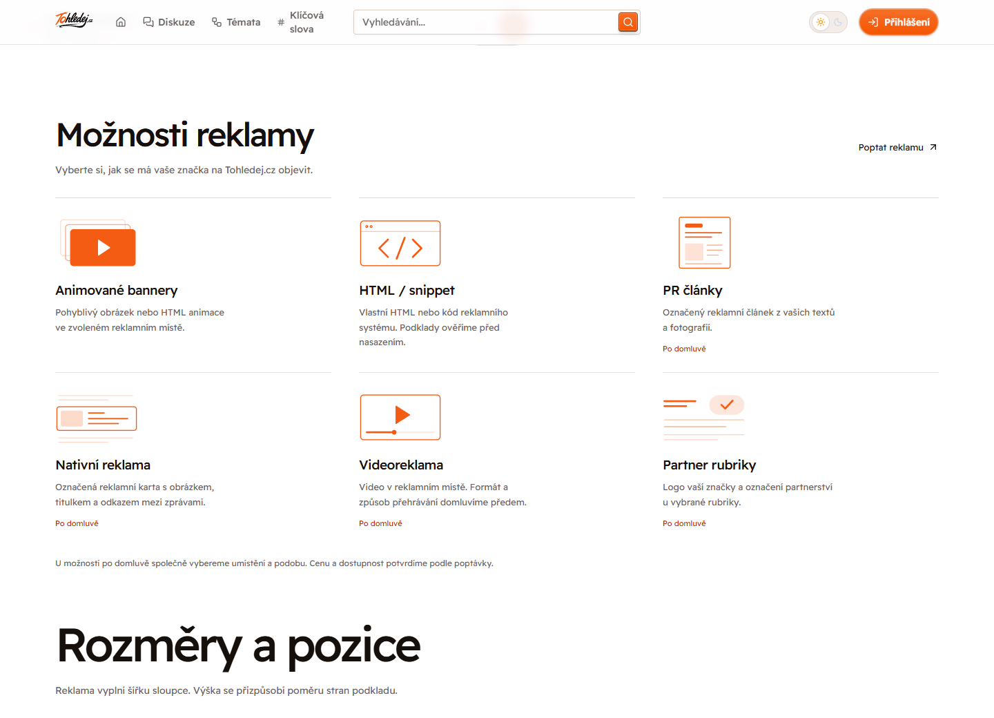Průvodce reklamními místy Tohledej s náhledy rozložení a formátů.