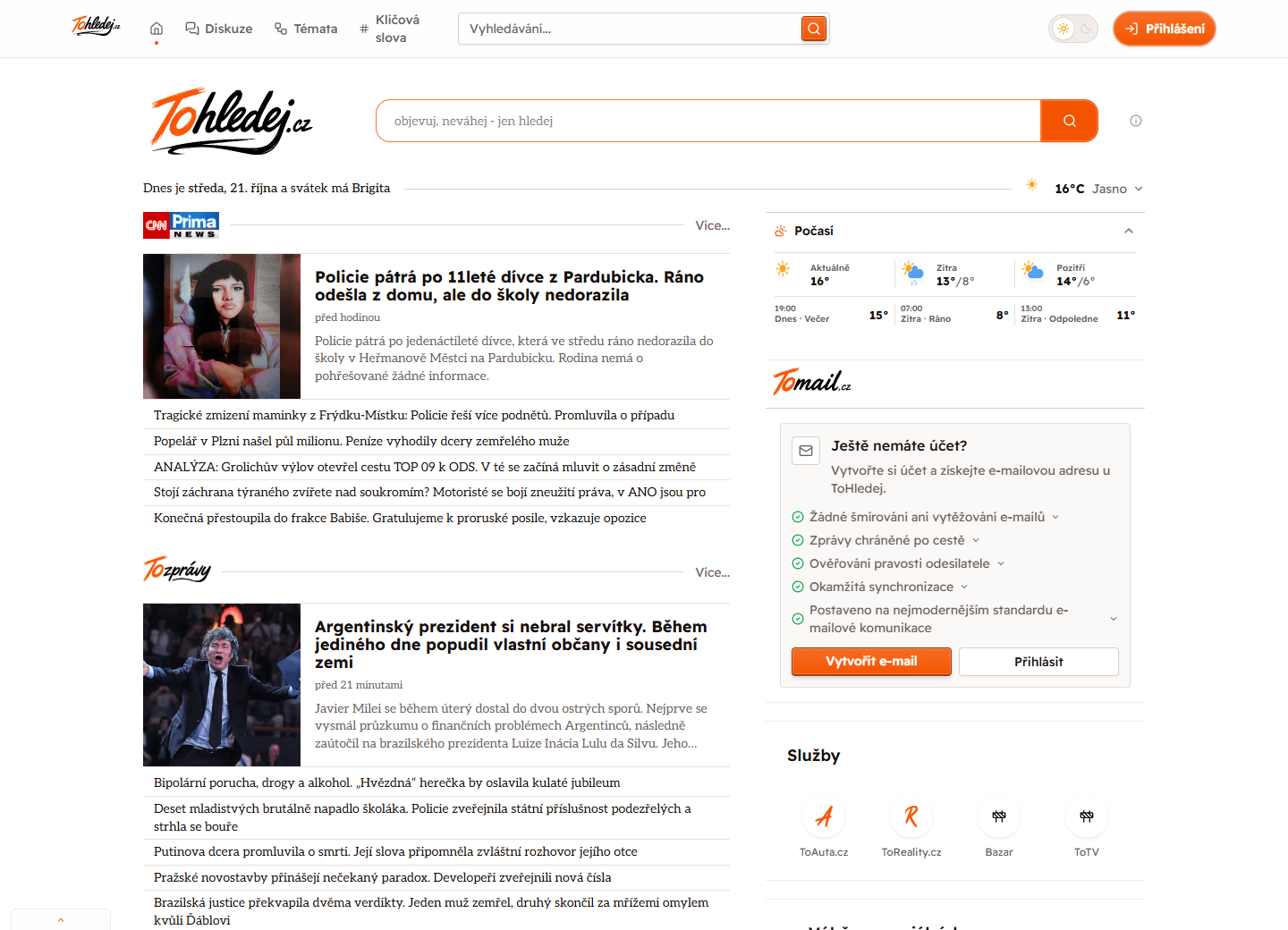 Domovská stránka Tohledej s vyhledáváním, články a přehledy v pravém sloupci.