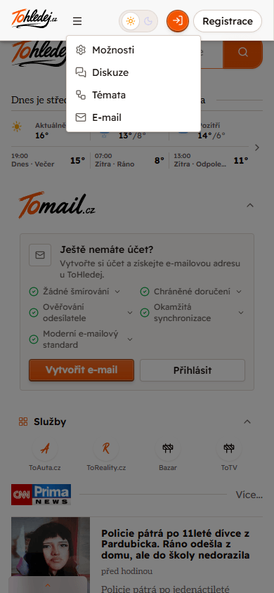 Domovská stránka Tohledej v úzkém rozložení pro telefon.