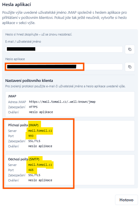Nastavení klienta ve webmailu: mail.tomail.cz, IMAP 993 a SMTP 465 se SSL/TLS. E-mail a heslo aplikace jsou zakryté.
