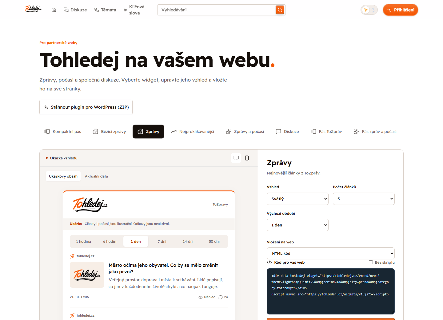 Výběr typu widgetu Tohledej s náhledem a volbami vzhledu.